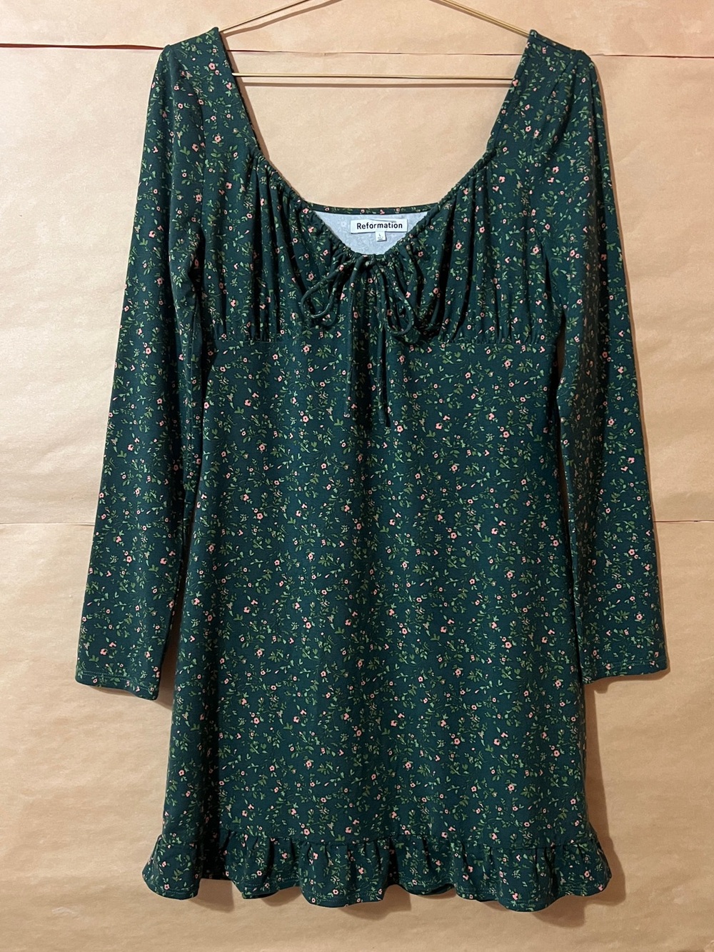 Reformation | Anjeline Knit Dress Coriander Green Floral Sweetheart Neck Size L